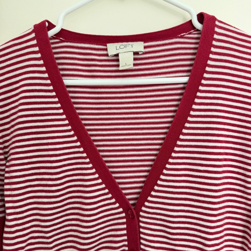 LOFT Red and White Striped Short Sleeve Cardigan Top, Size L - Picture 3 of 5